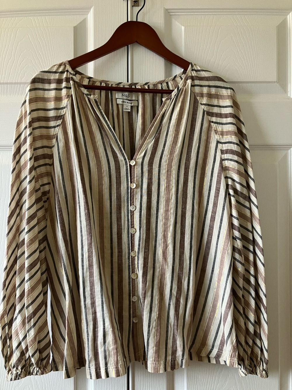 Marks & Spencer Striped Button-Front Blouse in Beige, Brown and Cream